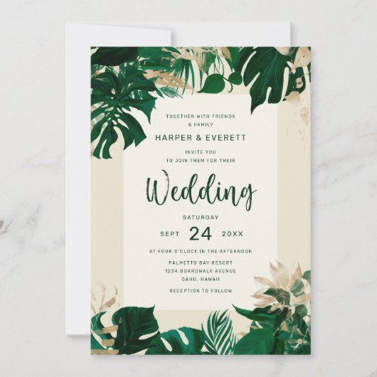 Tropisch Thema Foliage met Gouden Bruiloft Kaart (Voorkant)