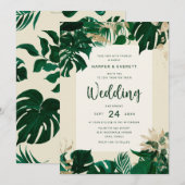 Tropisch Thema Foliage met Gouden Bruiloft Kaart (Voorkant / Achterkant)