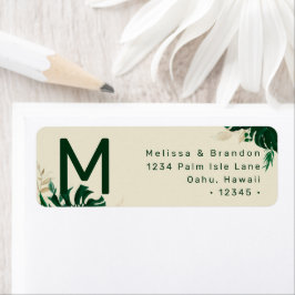 Tropisch thema Green Leaf Monogram Return Address Etiket