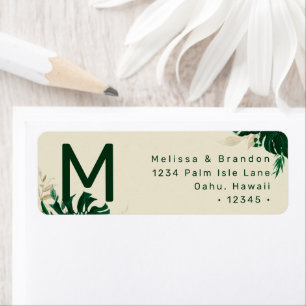 Tropisch thema Green Leaf Monogram Return Address Etiket