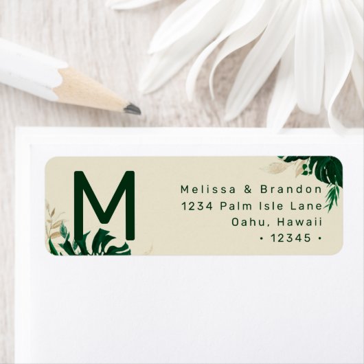 Tropisch thema Green Leaf Monogram Return Address Etiket (Insitu)