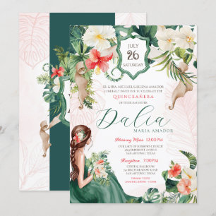 Tropisch thema Groen en Roze zomer Quinceanera Kaart