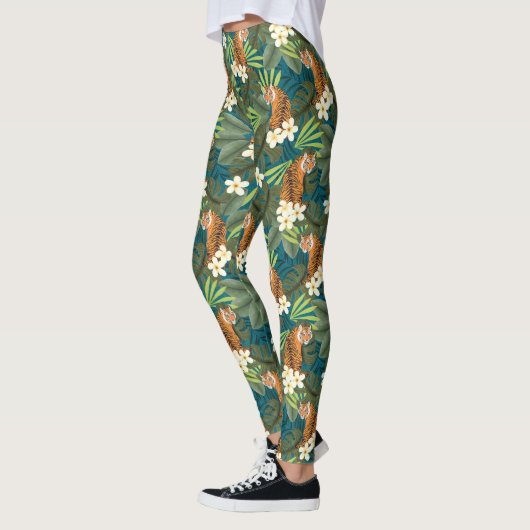 Tropisch Tiger Hawaiian Palm Oerwoud Blauwgroen Leggings (Links)