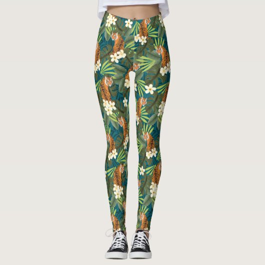 Tropisch Tiger Hawaiian Palm Oerwoud Blauwgroen Leggings (Voorkant)