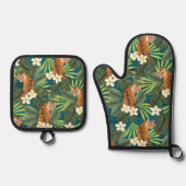 Tropisch Tiger Hawaiian Palm Oerwoud Blauwgroen Ovenwant & Pannenlap Set (Voorkant)