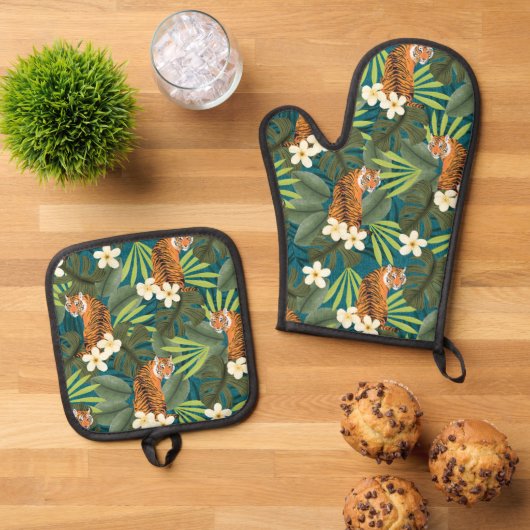 Tropisch Tiger Hawaiian Palm Oerwoud Blauwgroen Ovenwant & Pannenlap Set (Top down)