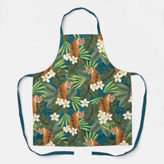 Tropisch Tiger Hawaiian Palm Oerwoud Blauwgroen Schort (Voorkant)