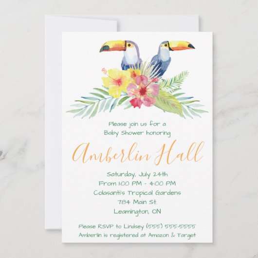 Tropisch toucan, hibiscus themed baby shower kaart (Voorkant)
