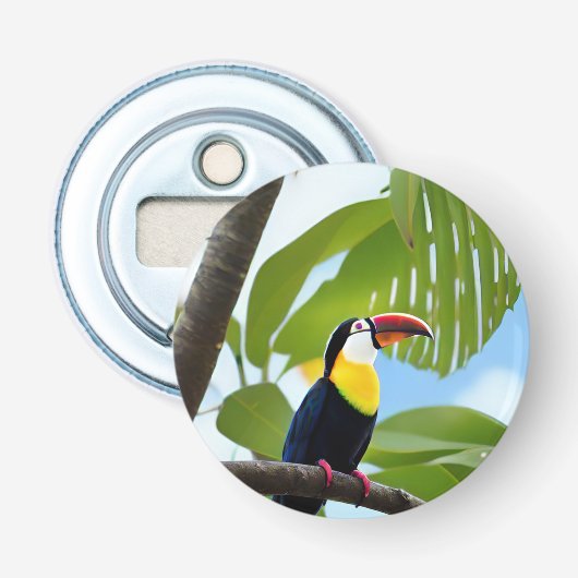 Tropisch toucan in een boom button flesopener (Voorkant)
