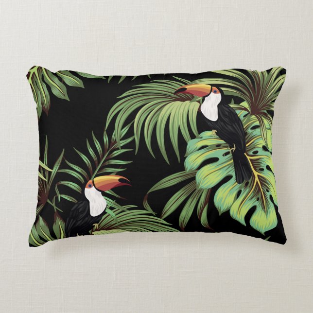 Tropisch  toucan, palmbladeren, bloemnaadloos accent kussen (Voorkant)