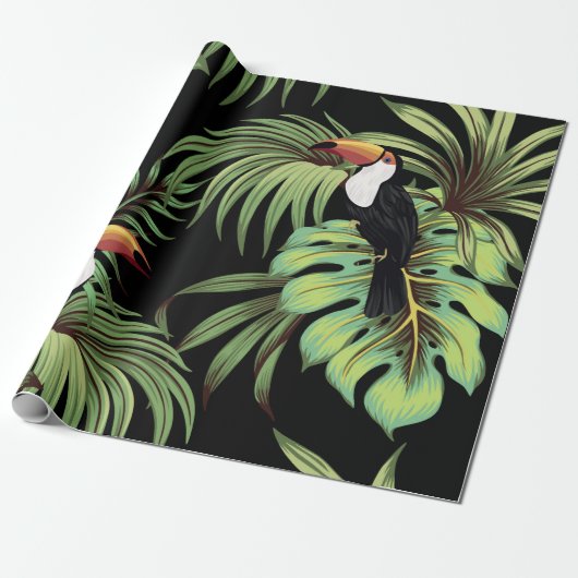 Tropisch  toucan, palmbladeren, bloemnaadloos cadeaupapier (Uitgerold)
