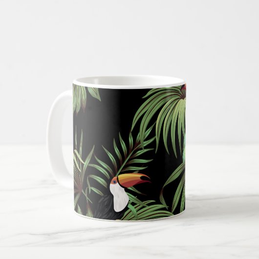 Tropisch  toucan, palmbladeren, bloemnaadloos koffiemok (Voorkant links)