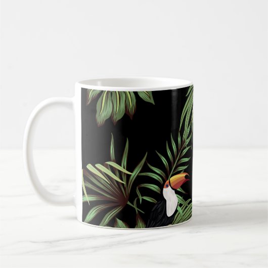Tropisch  toucan, palmbladeren, bloemnaadloos koffiemok (Links)