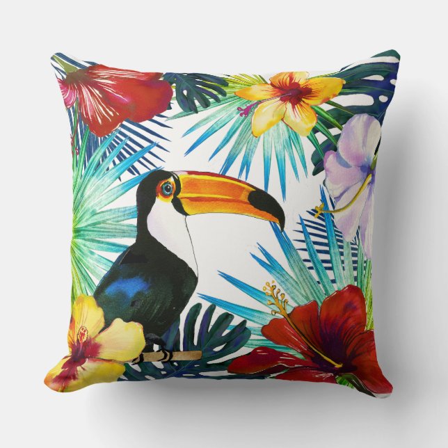 Tropisch Toucan Yellow Red Blauwgroen Floral Beach Kussen (Voorkant)