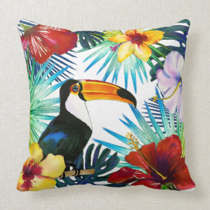 Tropisch Toucan Yellow Red Blauwgroen Floral Beach Kussen