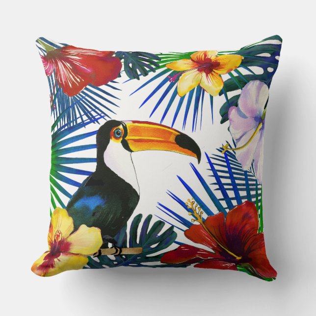 Tropisch Toucan Yellow Red Hibiscus Floral Beach Kussen (Voorkant)