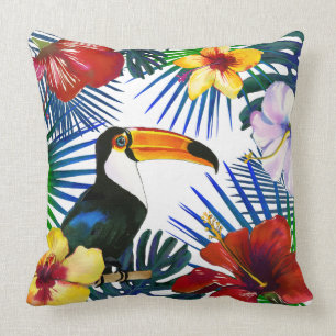 Tropisch Toucan Yellow Red Hibiscus Floral Beach Kussen