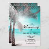 Tropisch trompisch roze Aqua Blue Beach Palm Wedde Kaart (Voorkant / Achterkant)