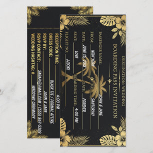 Tropisch trouwkaart zwart goud Boarding Pass Save The Date