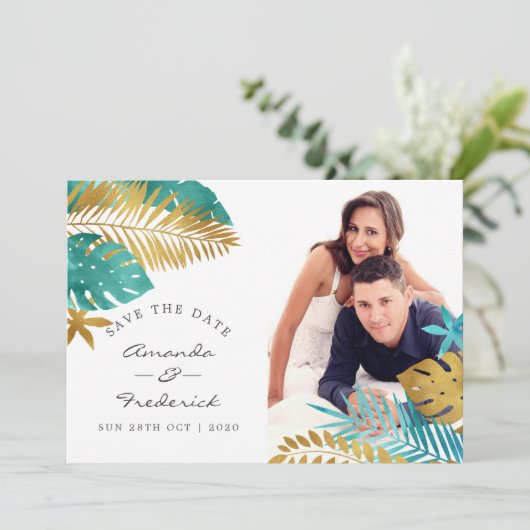 Tropisch Turkoois en Gouden Trouw 'Save the Date' Kaart (Staand voorkant)