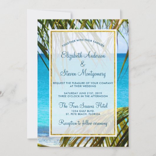 Tropisch Turquoise Beach Wedding with Palm Frondin Kaart (Voorkant)