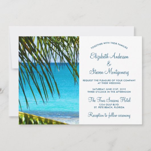 Tropisch Turquoise Beach Wedding with Palm Frondin Kaart (Voorkant)