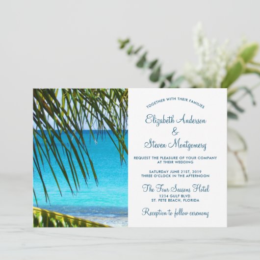 Tropisch Turquoise Beach Wedding with Palm Frondin Kaart (Staand voorkant)