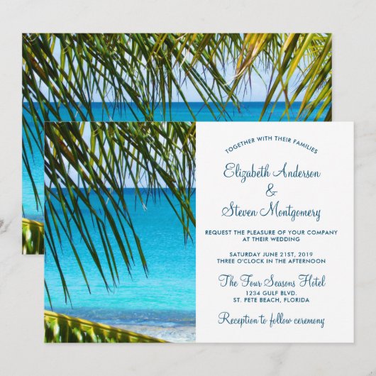 Tropisch Turquoise Beach Wedding with Palm Frondin Kaart (Voorkant / Achterkant)