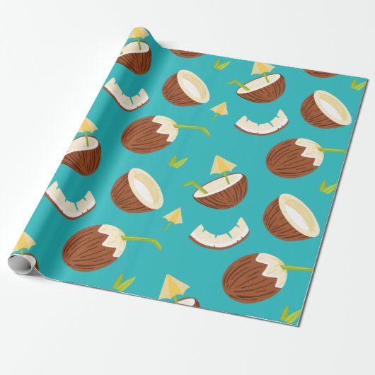 Tropisch Turquoise Coconut Pattern Cute Summer Cadeaupapier (Uitgerold)