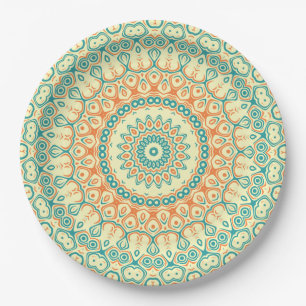 Tropisch Turquoise en Oranje Mandala Patroon Papieren Bordje
