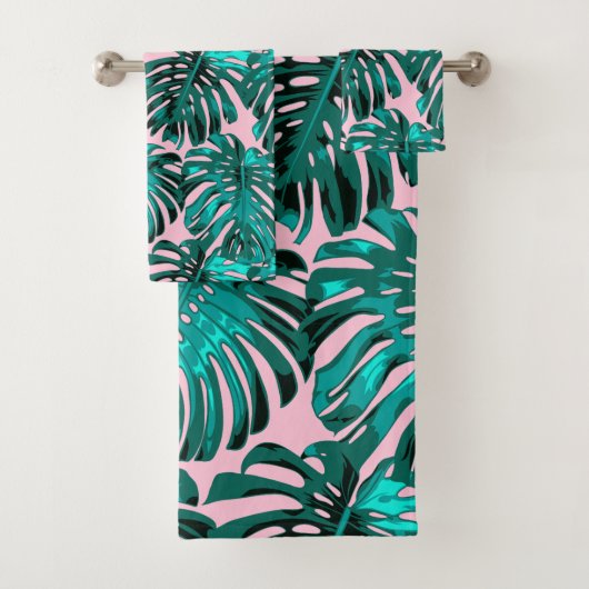Tropisch Turquoise Pink Monstera Oerwoud Leaves Bad Handdoek (Insitu)