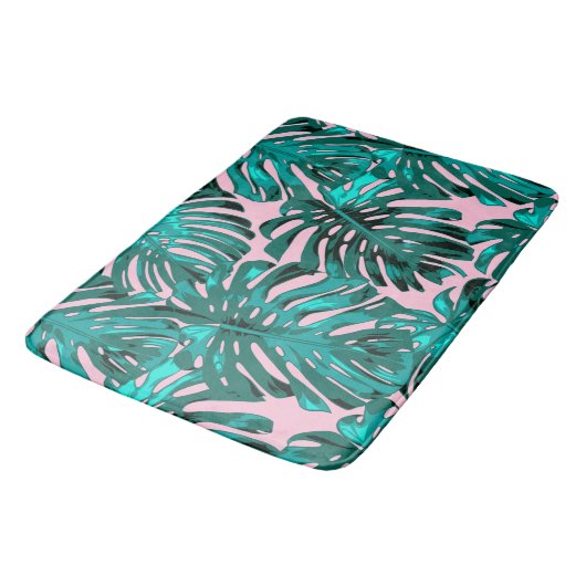 Tropisch Turquoise Pink Monstera Oerwoud Leaves Badmat (Gekanteld)