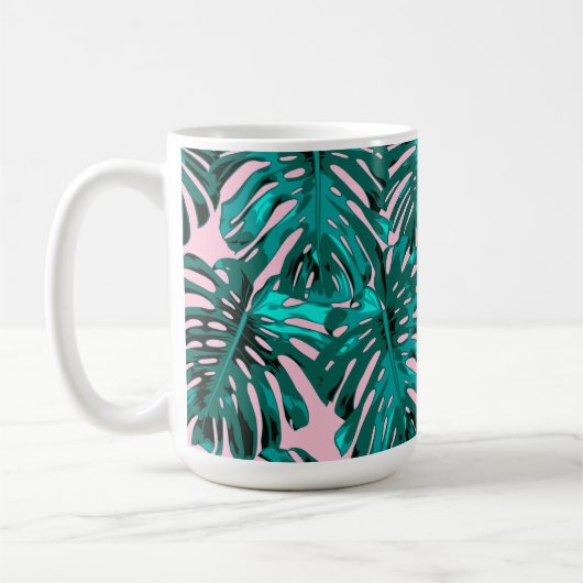 Tropisch Turquoise Pink Monstera Oerwoud Leaves Koffiemok (Links)