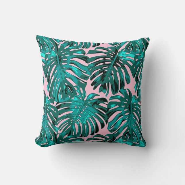 Tropisch Turquoise Pink Monstera Oerwoud Leaves Kussen (Voorkant)