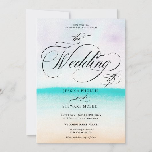 Tropisch turquoise strand ombre kalligrafie bruilo kaart (Voorkant)
