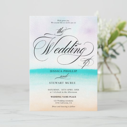 Tropisch turquoise strand ombre kalligrafie bruilo kaart (Staand voorkant)