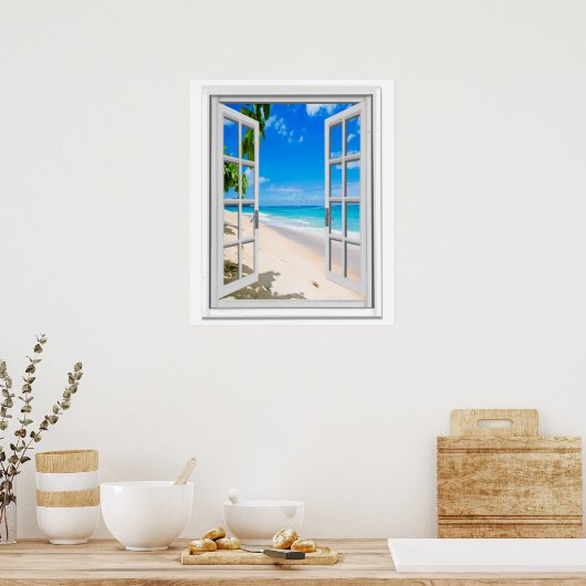 Tropisch Uitzicht voor strand Ocean Faux venster Poster (Keuken)