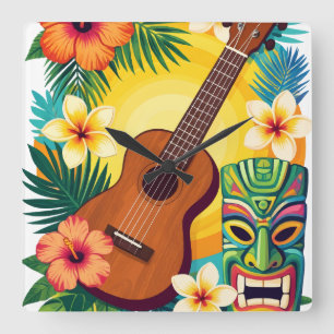 Tropisch Ukulele Tiki Luau Feest Sfeer T-Shirt Vierkante Klok