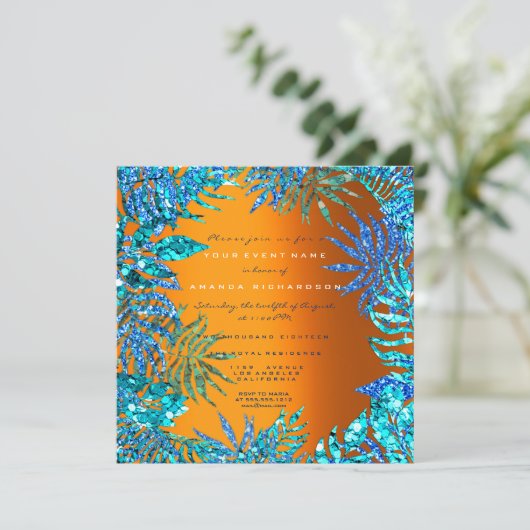 Tropisch Varentblad Strand Oceaan Blauw Oranje Gli Kaart (Staand voorkant)