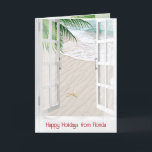 Tropisch venster voor Kerstmis in Florida Kaart<br><div class="desc">Open raam en pure gordijnen met zeesterren in strandzand,  palmschijfjes en oceaanwater. De tekst kan worden bewerkt.</div>