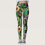 Tropisch ventilatorpatroon gele roze zwart leggings<br><div class="desc">Kop terug in deze superleuke leggings met een patroon van hibiscus bloemen,  paradijzen en palmvuren. Ideaal voor een speciaal evenement,  voor een baan op de sportschool,  voor tropische vakantie of op het festival.</div>