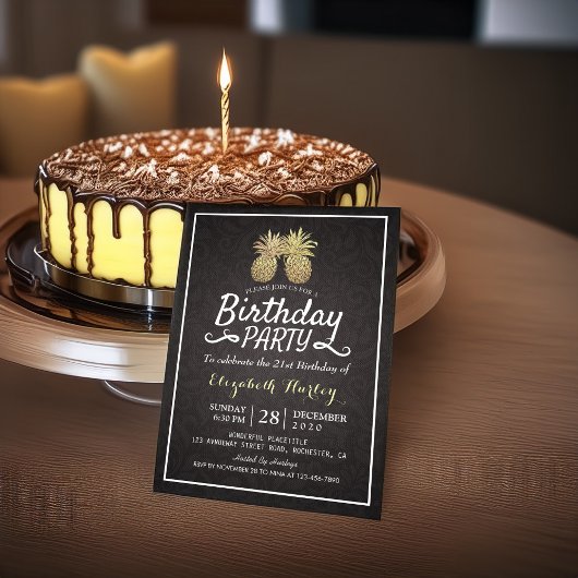 Tropisch verjaardagsfeest Chic Zwart Goud Ananas Kaart