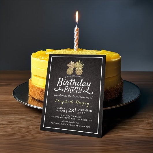 Tropisch verjaardagsfeest Chic Zwart Goud Ananas Kaart