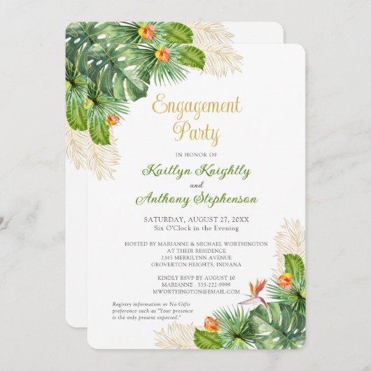 Tropisch verlovingsfeest Bloemenaquarel in goud Kaart (Voorkant / Achterkant)