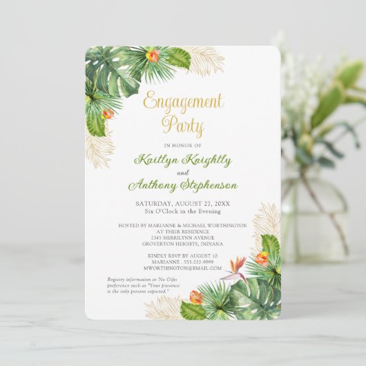 Tropisch verlovingsfeest Bloemenaquarel in goud Kaart (Staand voorkant)