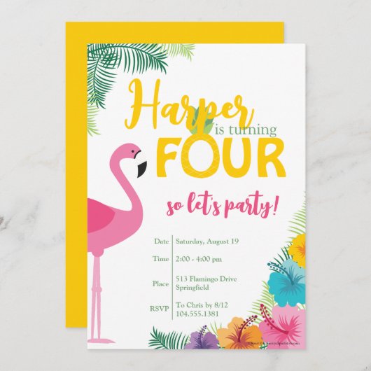 Tropisch Vierde Verjaardagsfeest, Luau Uitnodigen Kaart (Voorkant / Achterkant)