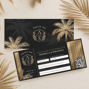 Tropisch vliegticket voor trouwfeest in zwart goud kaart