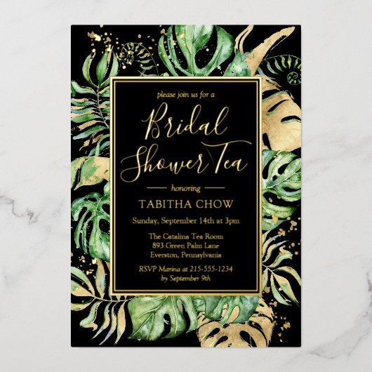 Tropisch Vrijgezellenfeest Tea Party Black & Gold  Folie Uitnodiging (Voorkant)
