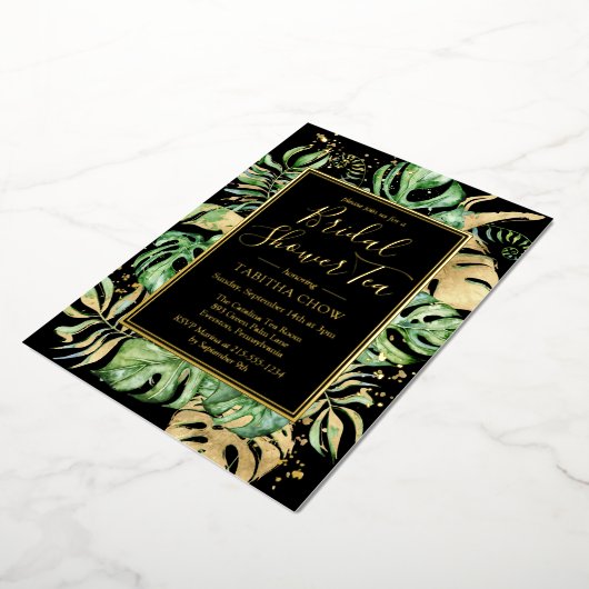 Tropisch Vrijgezellenfeest Tea Party Black & Gold  Folie Uitnodiging (Gedraaid)