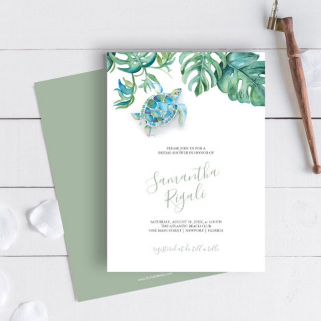 Tropisch Vrijgezellenfeest  Uitnodigingen (Tropical Bridal Shower Invitation Sea Turtle watercolor sea turtle, palm leaves Victoria Grigaliunas)